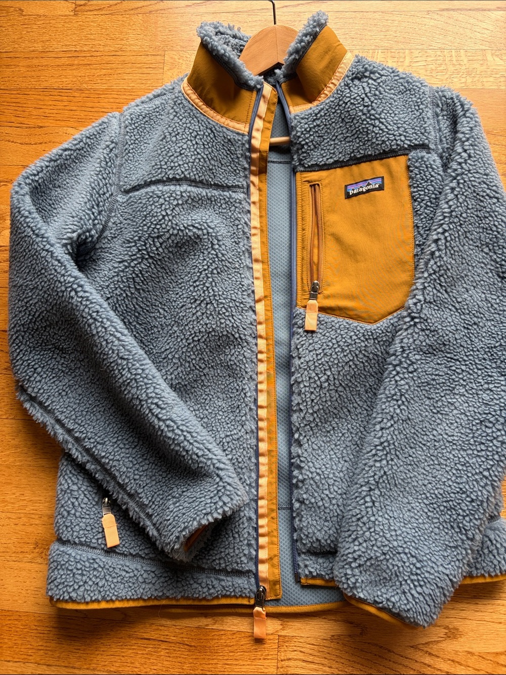Patagonia Retro X Womens Blue Fleece Jacket with Mustard Trim